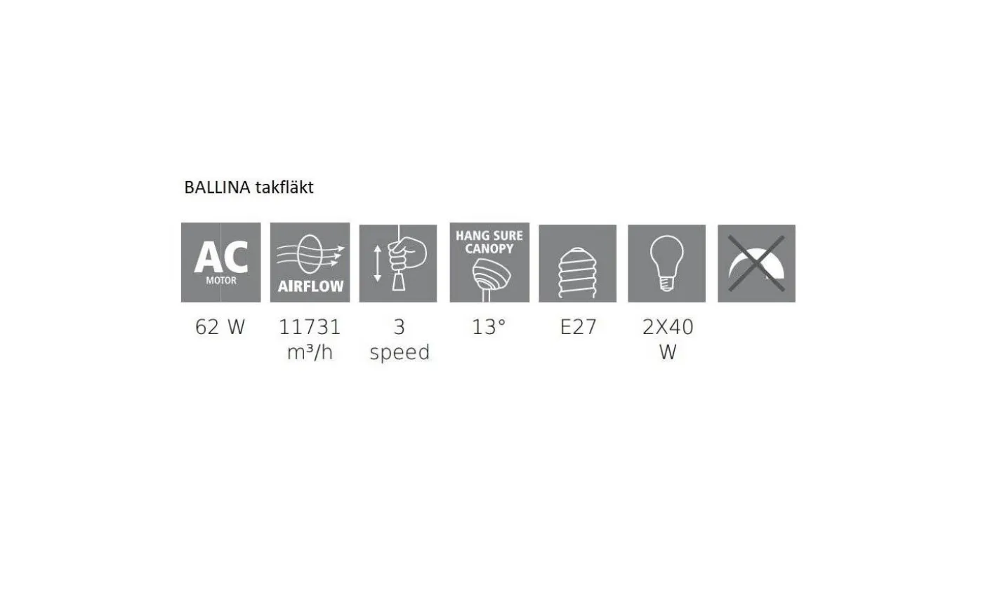 Ballina Takfläkt 132cm Nickel Med Belysning
