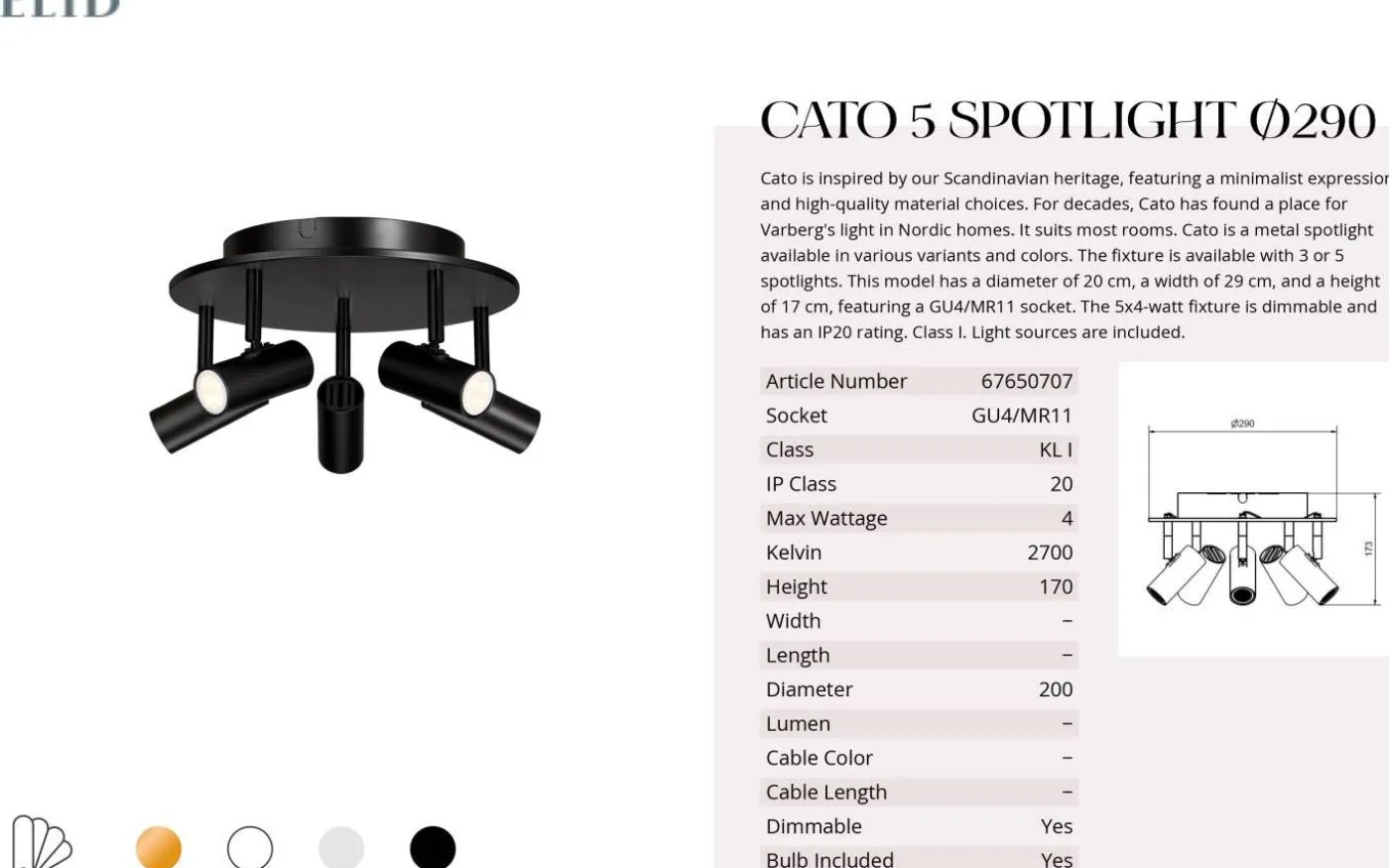 Cato Takspotlight 29cm LED 5x3W Mattsvart