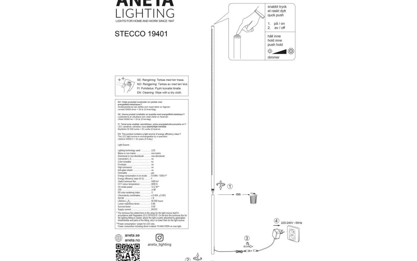 Stecco Golvlampa 160cm LED 12W 3000K Svart